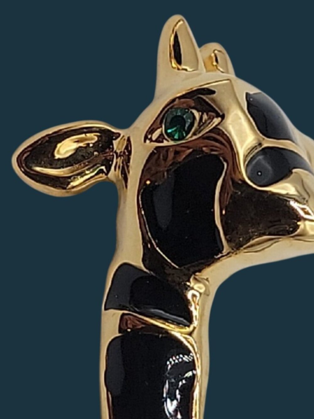 Giraffe Brooch Pin Gold Tone Black Enamel Spots Green Rhinestone Eye - Picture 7 of 11